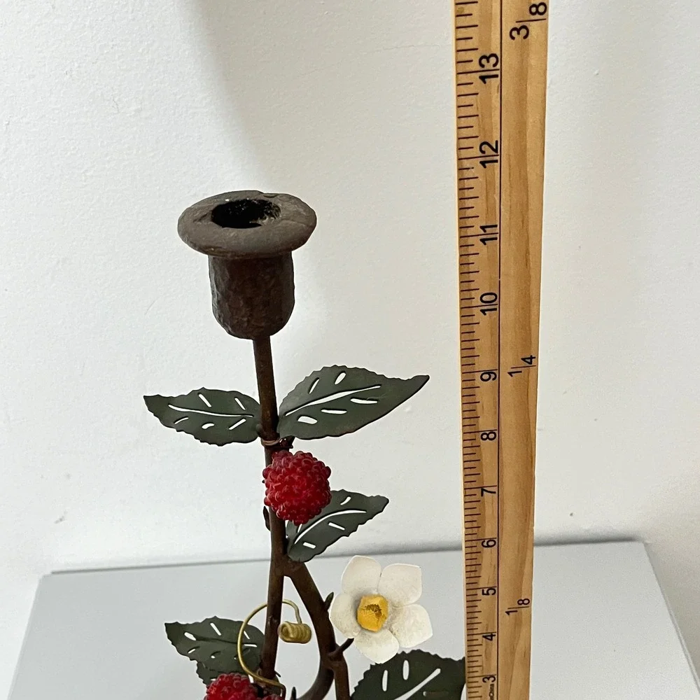 Vintage Raspberry Vine Taper Candle Holder  Bronze Red Botanical Cottagecore